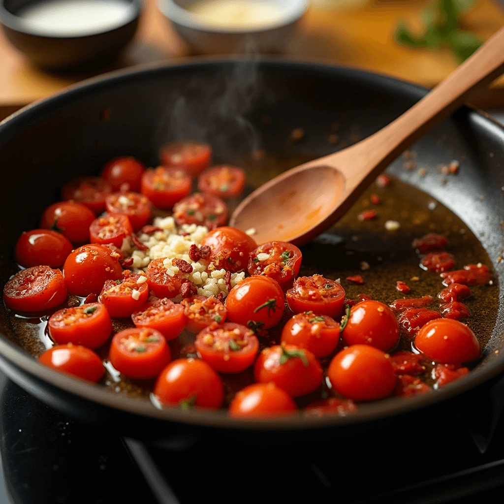 A close-up of a frying pan with halved cherry tomatoes, minced garlic, and bits of bacon being sautéed with a wooden spoon.