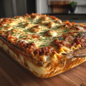 Viral Dumpling Lasagna Recipe baked with melted cheese on top