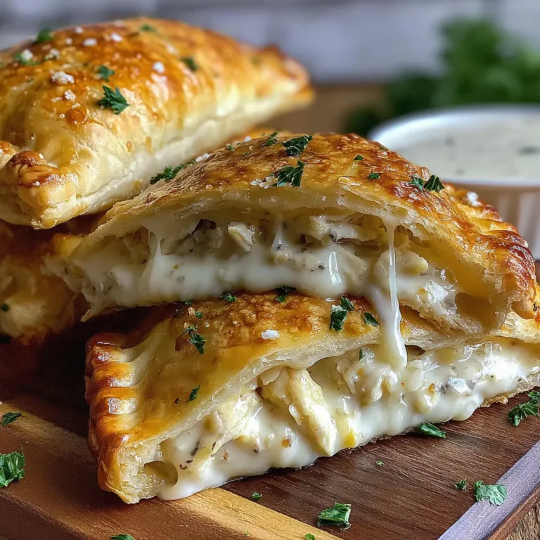 Crispy Cheesy Chicken Alfredo Calzones with golden crust and creamy filling