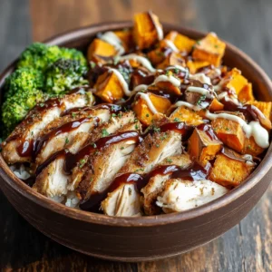 BBQ Chicken & Roasted Sweet Potato Bowls with avocado and fresh toppings