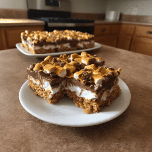 Golden Grahams S'Mores Bars stacked on a wooden table with gooey marshmallows and melted chocolate layers