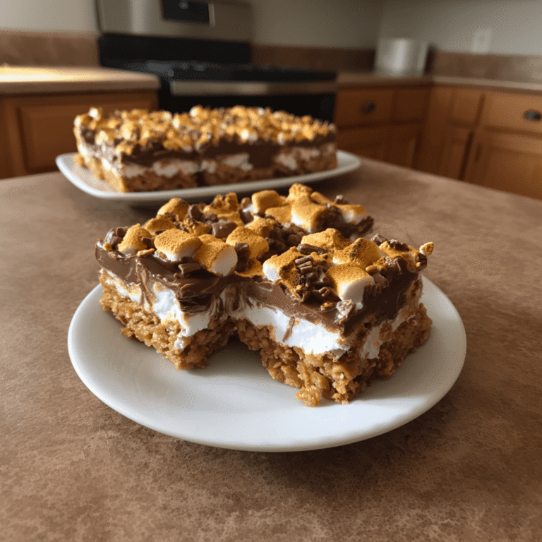 Golden Grahams S'Mores Bars stacked on a wooden table with gooey marshmallows and melted chocolate layers