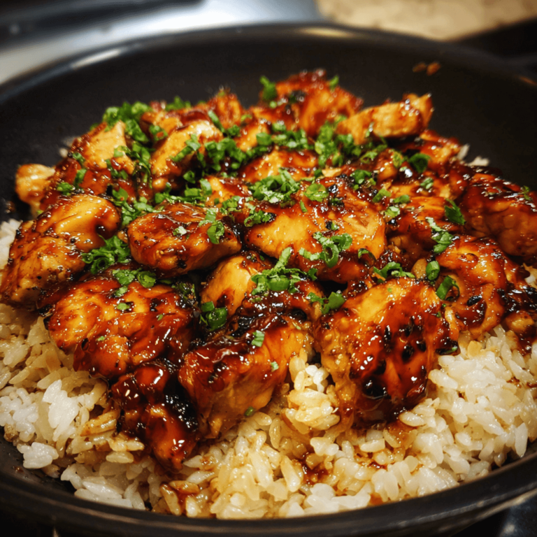 One-Pan Honey BBQ Chicken Rice with glazed chicken thighs and fluffy rice in a skillet