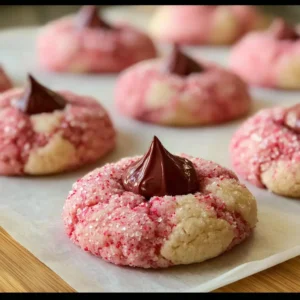Strawberry Kiss Cookies topped with chocolate kisses on a baking tray