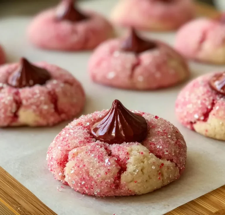 Strawberry Kiss Cookies topped with chocolate kisses on a baking tray