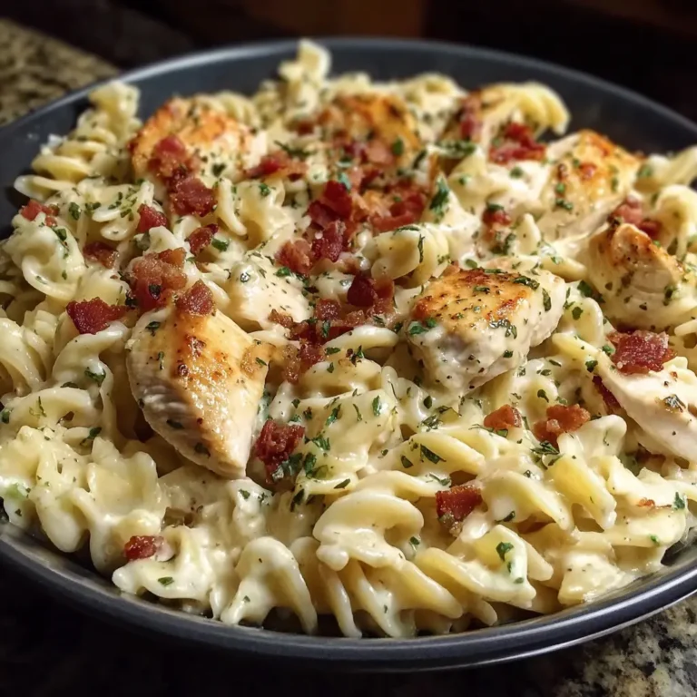 Chicken Bacon Ranch Pasta in a skillet with creamy sauce, crispy bacon, and tender chicken