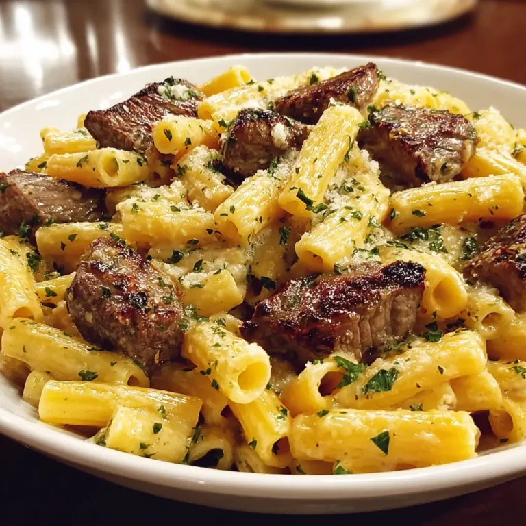 Creamy Garlic Butter Steak Pasta with sliced steak and parmesan