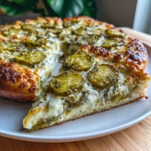 homemade pickle pizza with garlic sauce and melted cheese