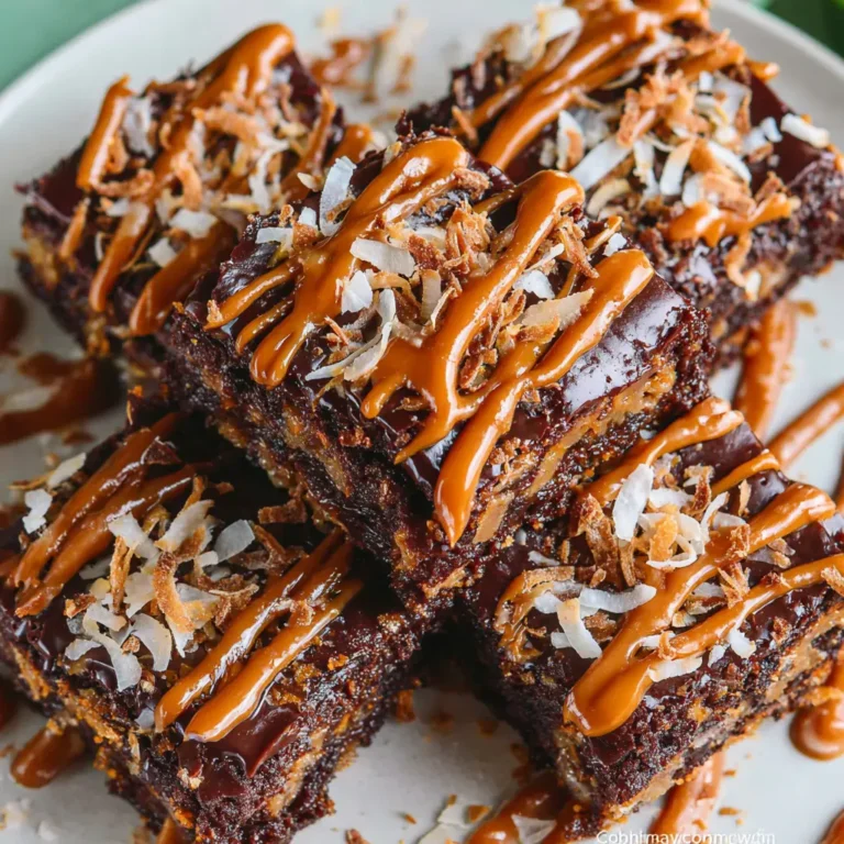 samoa brownies with caramel coconut topping and chocolate drizzle