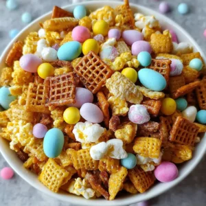 Easter Puff Corn Crunch Snack Mix with candy and sprinkles