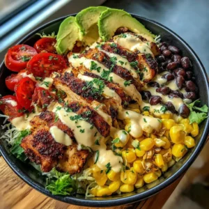 chipotle chicken bowl with rice beans corn and sauce