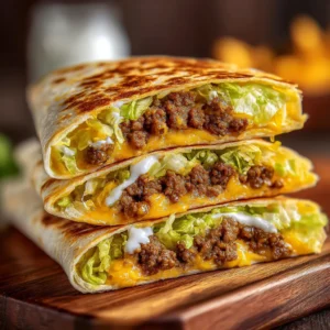 Keto Crunchwraps sliced open showing layers of beef and cheese