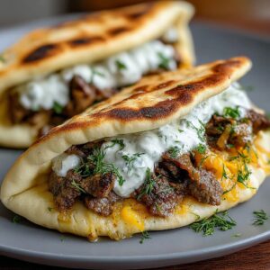 Cheesy Beef and Mushroom Pita Pockets with Tzatziki Sauce