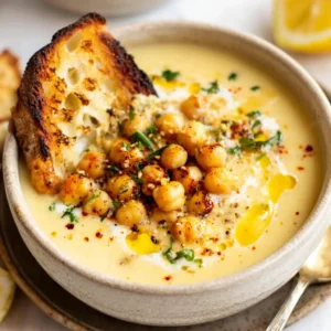 creamy garlic chickpea soup in bowl with herbs