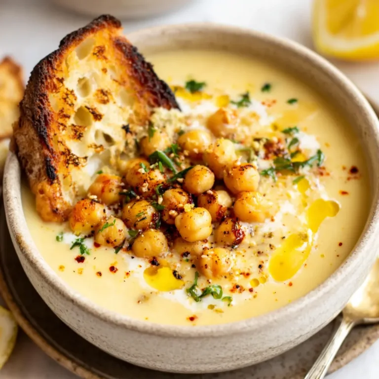 creamy garlic chickpea soup in bowl with herbs
