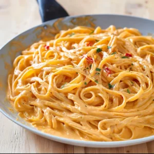 Creamy Red Pepper Alfredo Pasta served with Parmesan and herbs