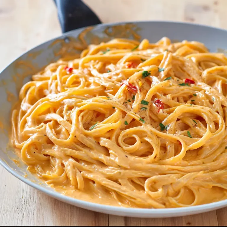 Creamy Red Pepper Alfredo Pasta served with Parmesan and herbs