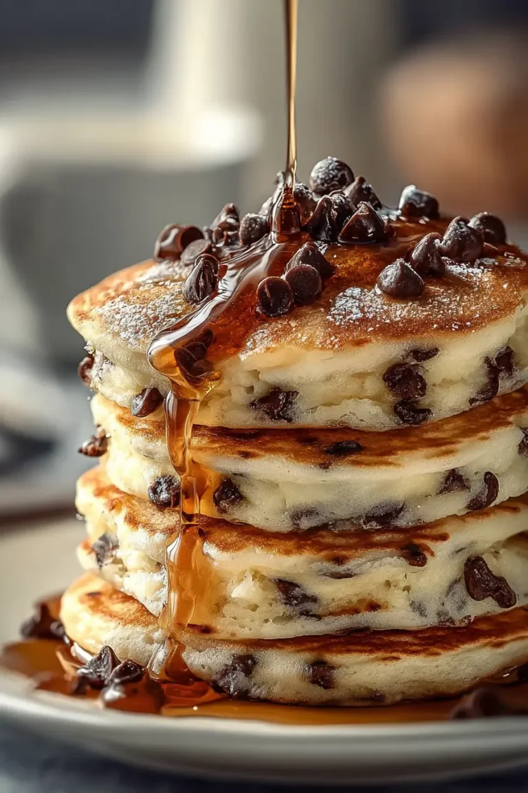 chocolate chip pancakes stacked with syrup and chocolate chips