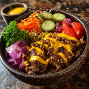High-Protein Cheeseburger Bowls Recipe with beef cheese lettuce and pickles