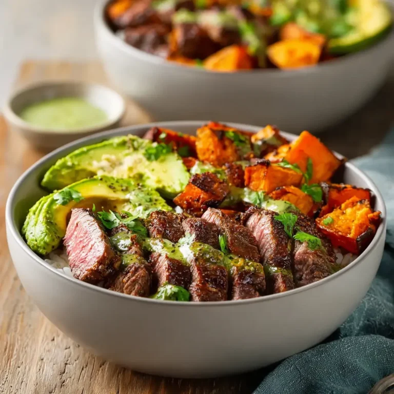 steak and sweet potato bowls with avocado and fresh vegetables