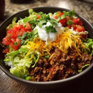 ground beef taco bowl with rice beans lettuce and cheese