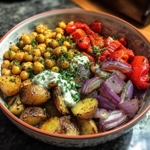 vegan Mediterranean roasted vegetables bowl with colorful veggies