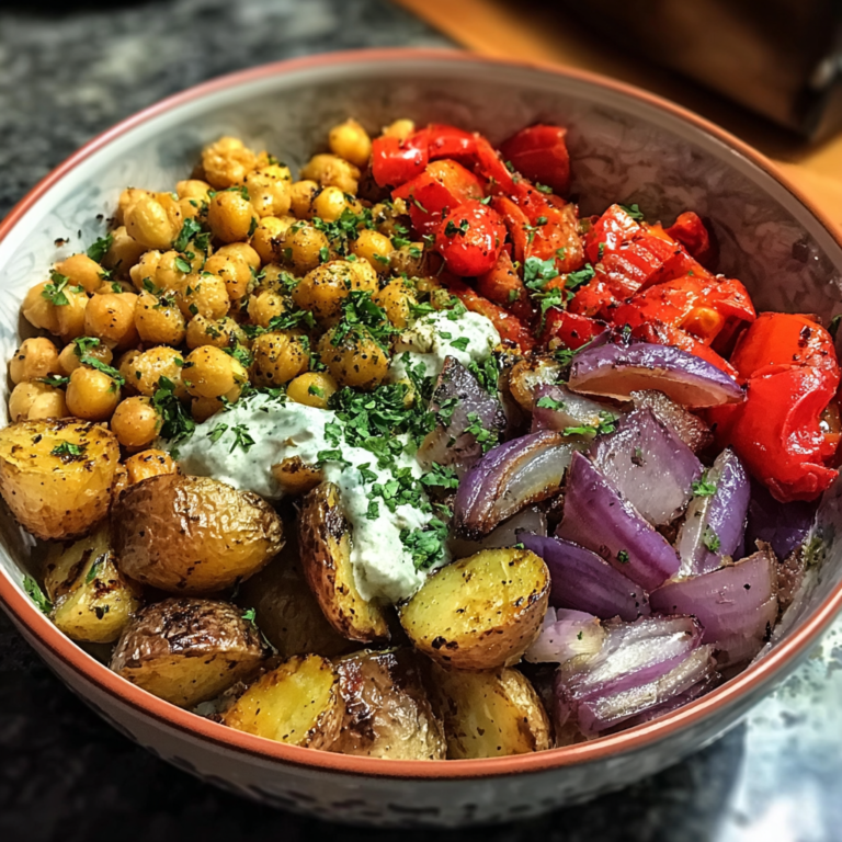 vegan Mediterranean roasted vegetables bowl with colorful veggies