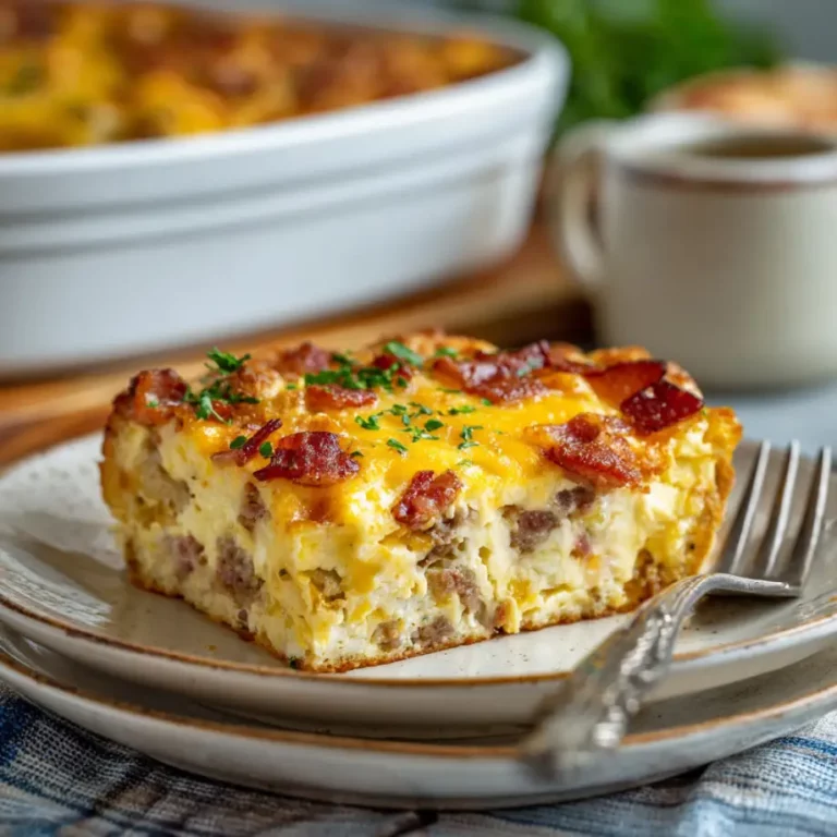 Amish Breakfast Casserole with bacon eggs potatoes and melted cheese