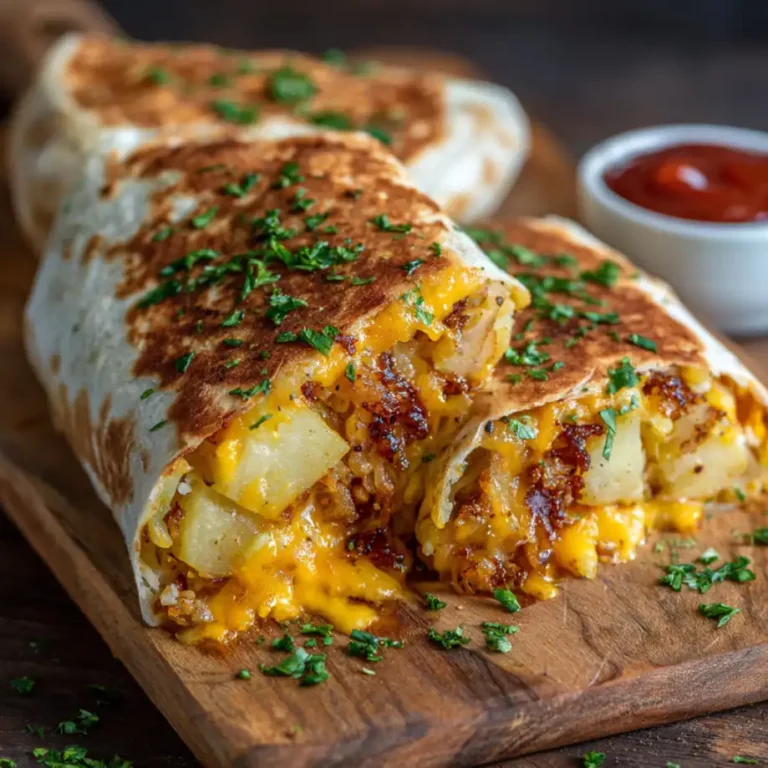 Cheesy Potato Burritos with crispy potatoes and melted cheese inside tortilla