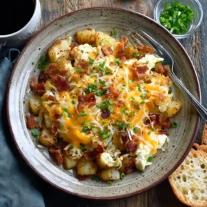 Cheesy Potato Egg Scramble with crispy potatoes and melted cheese in skillet
