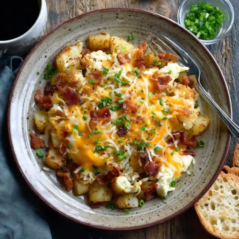 Cheesy Potato Egg Scramble with crispy potatoes and melted cheese in skillet