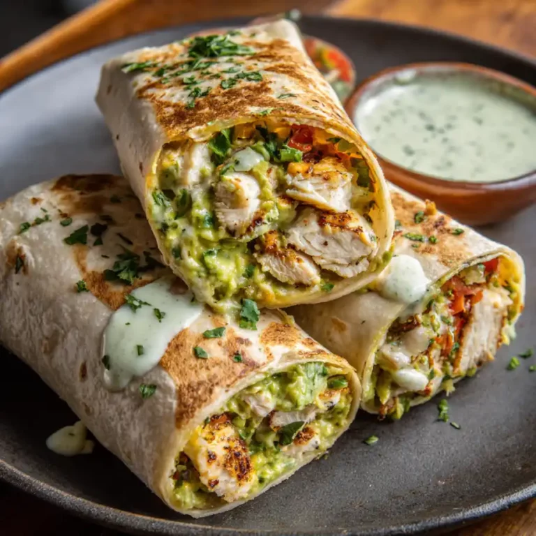 Chicken Avocado Ranch Burritos with juicy chicken creamy avocado and ranch sauce inside tortilla