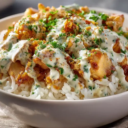Comforting Chicken & Rice Bowls with Garlic Sauce with tender chicken and creamy garlic topping