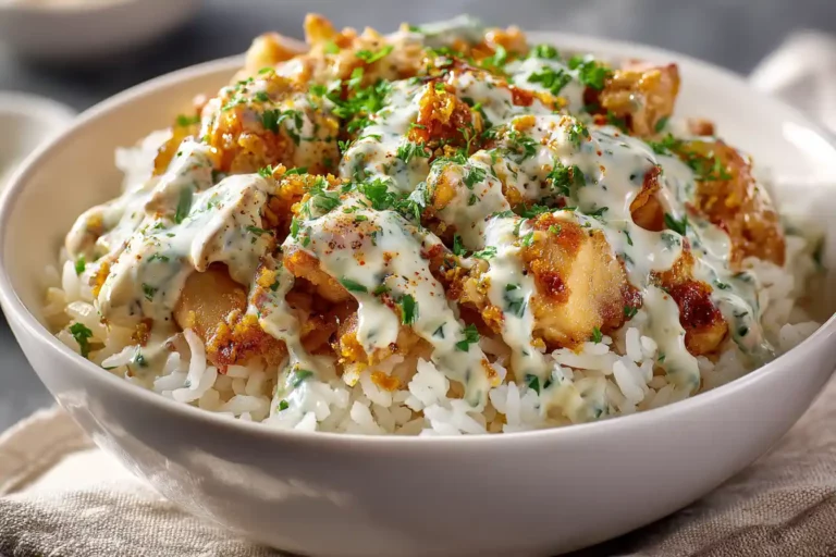 Comforting Chicken & Rice Bowls with Garlic Sauce with tender chicken and creamy garlic topping