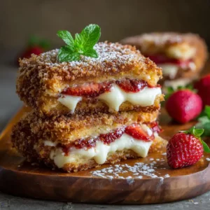 Crispy Fried Strawberry Cheesecake Sandwiches with creamy filling and strawberries