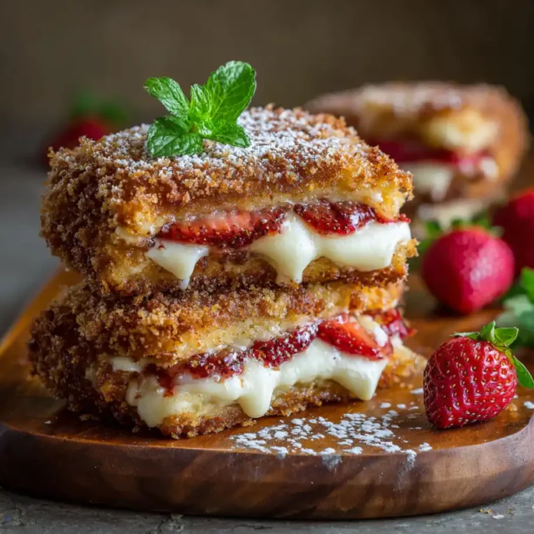 Crispy Fried Strawberry Cheesecake Sandwiches with creamy filling and strawberries