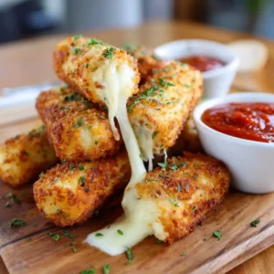Gooey Mozzarella Sticks crispy golden coating with melted cheese inside