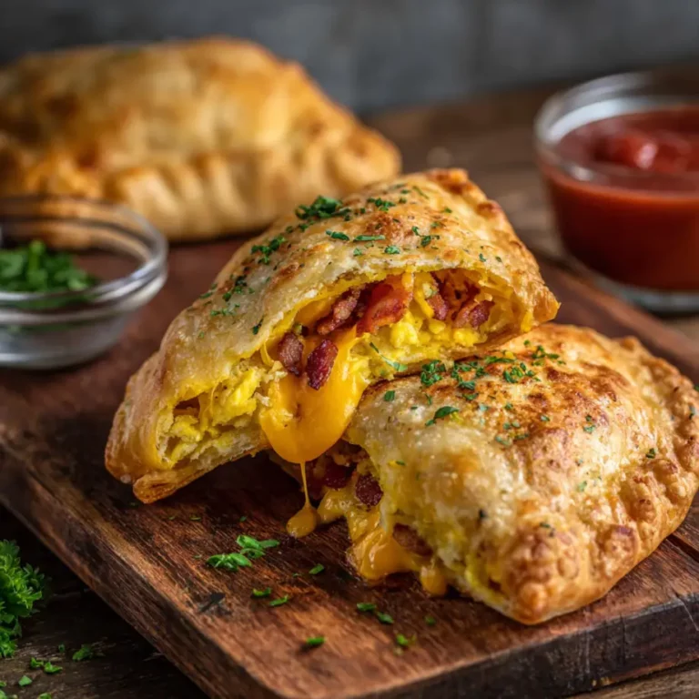 Homemade Breakfast Hot Pockets with eggs cheese and sausage inside golden crust