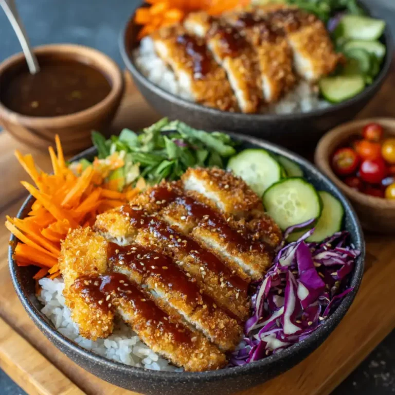 Japanese Katsu Bowls with Tonkatsu Sauce crispy chicken over rice with sauce