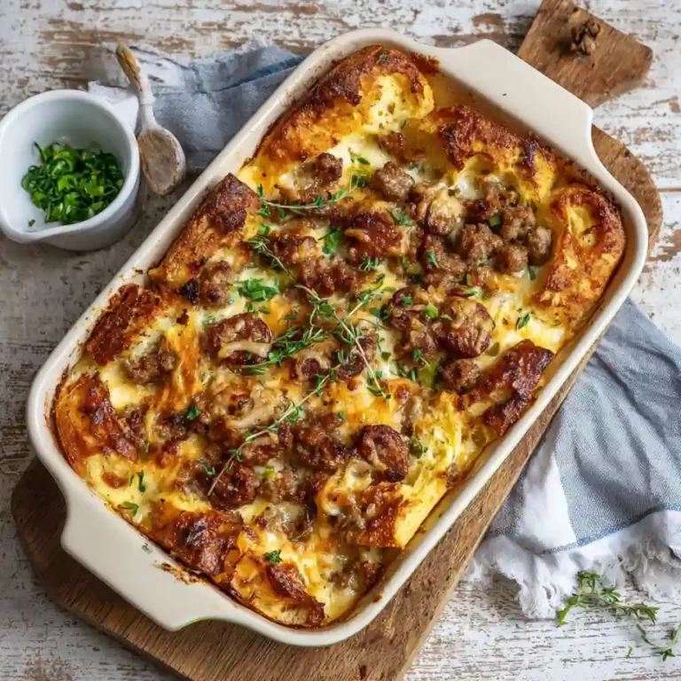 Pancake Sausage Casserole Bake with fluffy pancakes and sausage baked together