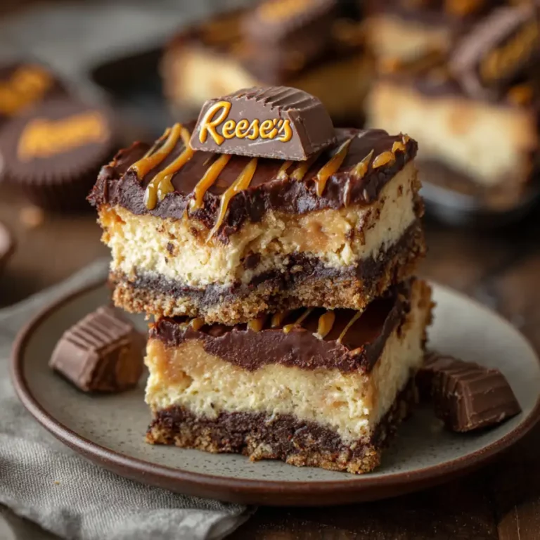 Reese’s Cheesecake Bars with creamy cheesecake layer and peanut butter chocolate pieces