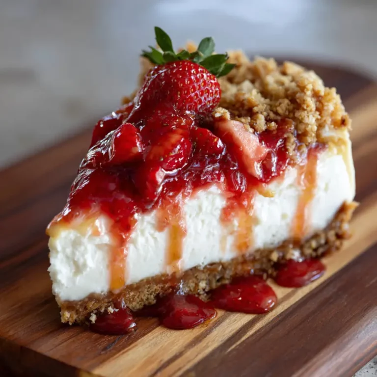 Strawberry Crunch Cheesecake with creamy filling and crunchy strawberry topping
