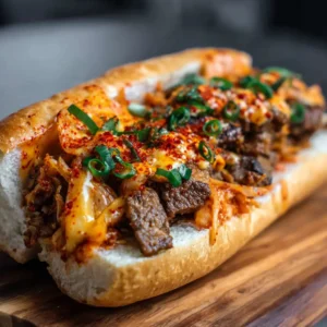 spicy kimchi bulgogi cheesesteak sandwich with melted cheese