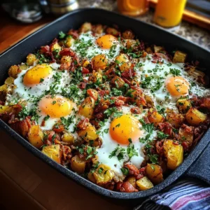 loaded breakfast hash with crispy potatoes eggs and bacon