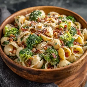 Broccoli Pasta Salad with cheddar cheese red onion bacon and creamy dressing