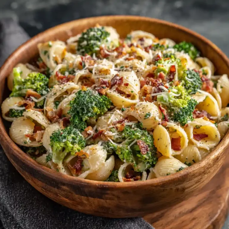 Broccoli Pasta Salad with cheddar cheese red onion bacon and creamy dressing