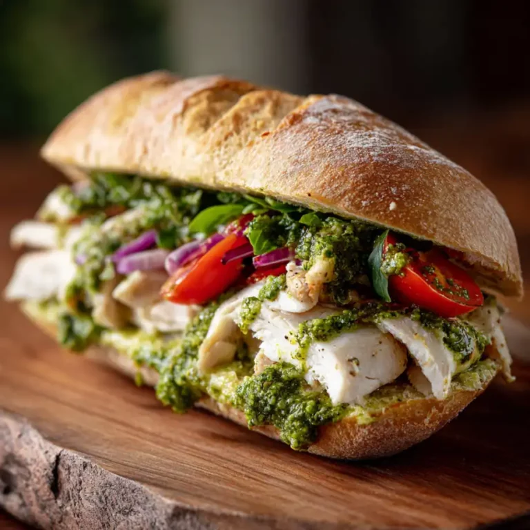 Chicken Pesto Sandwich with grilled chicken pesto mozzarella tomato and toasted ciabatta