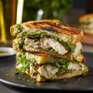 Chicken Pesto Sandwich with chicken basil pesto mozzarella tomato and toasted ciabatta