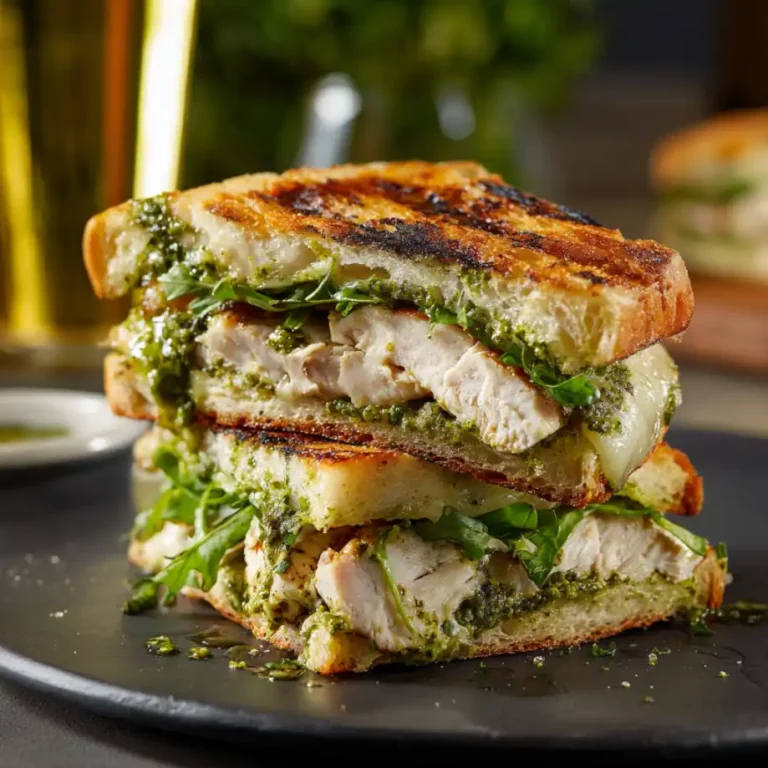 Chicken Pesto Sandwich with chicken basil pesto mozzarella tomato and toasted ciabatta