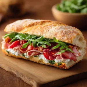 Ciabatta Bread Sandwich with chicken cheese lettuce tomato and garlic mayo